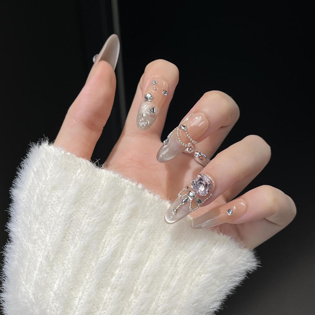Handmade Medium-Length Cat Eye Press-On Nails with Rhinestones - Super Sparkly, Elegant, and Skin-Brightening 2025 Autumn/Winter Bestseller.