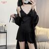 1011 new ice silk suspender pajamas women's three-piece lace edge sexy loungewear long-sleeved nightgown set