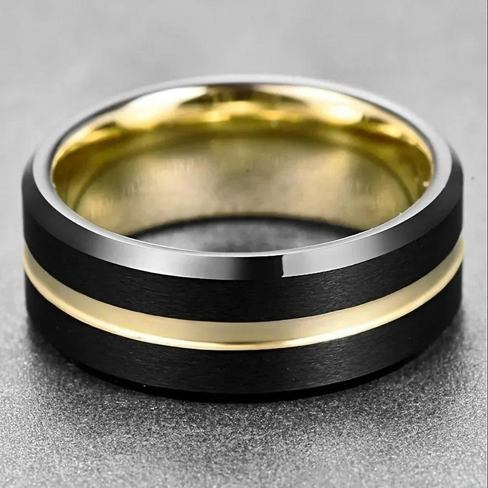 Trendige 8mm Herren Edelstahlringe Schwarz Gebürstet Goldfarben Rille Abgeschrägte Kante Verlobungsring Herren Hochzeitsschmuck
