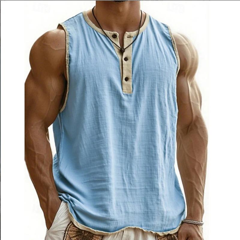 Heren Mouwloos Henley Vest met Contrasterende Rand Katoen Linnen Los Casual Tanktop