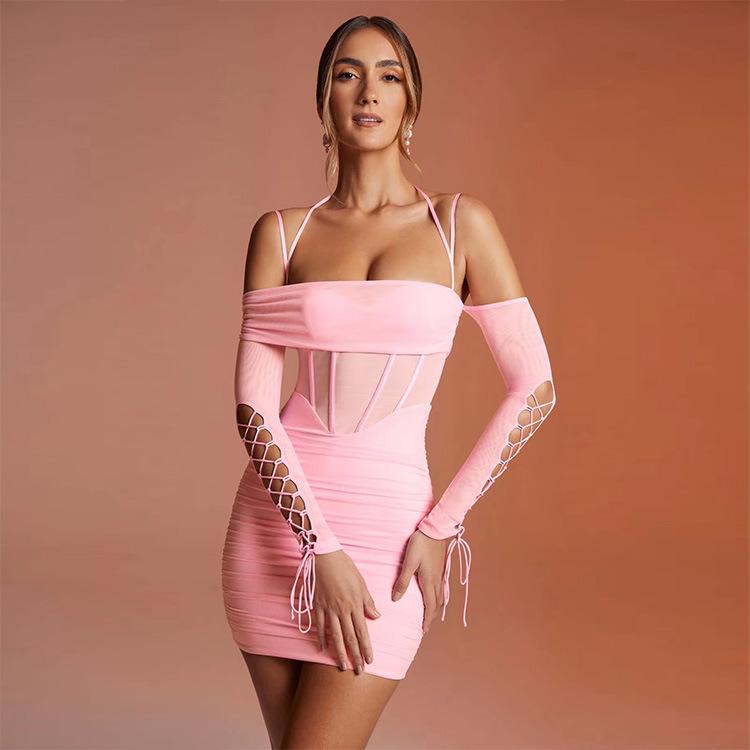 2026 spring new European and American women's mesh yarn solid color straps off-shoulder long sleeves waist hip skirt women's perspective mesh yarn