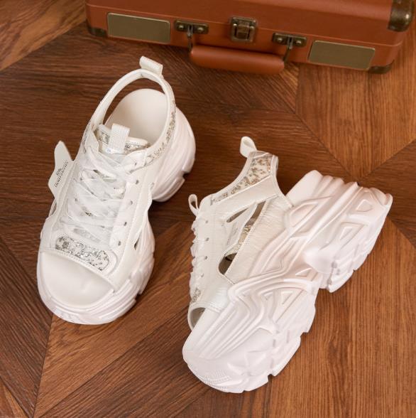 Fashion 9CM Synthetic Microfiber Leather Summer Hollow Platform Wedge Women Sandals Flats Chunky Sneakers Bling Vulcanize Peep Toe Shoes