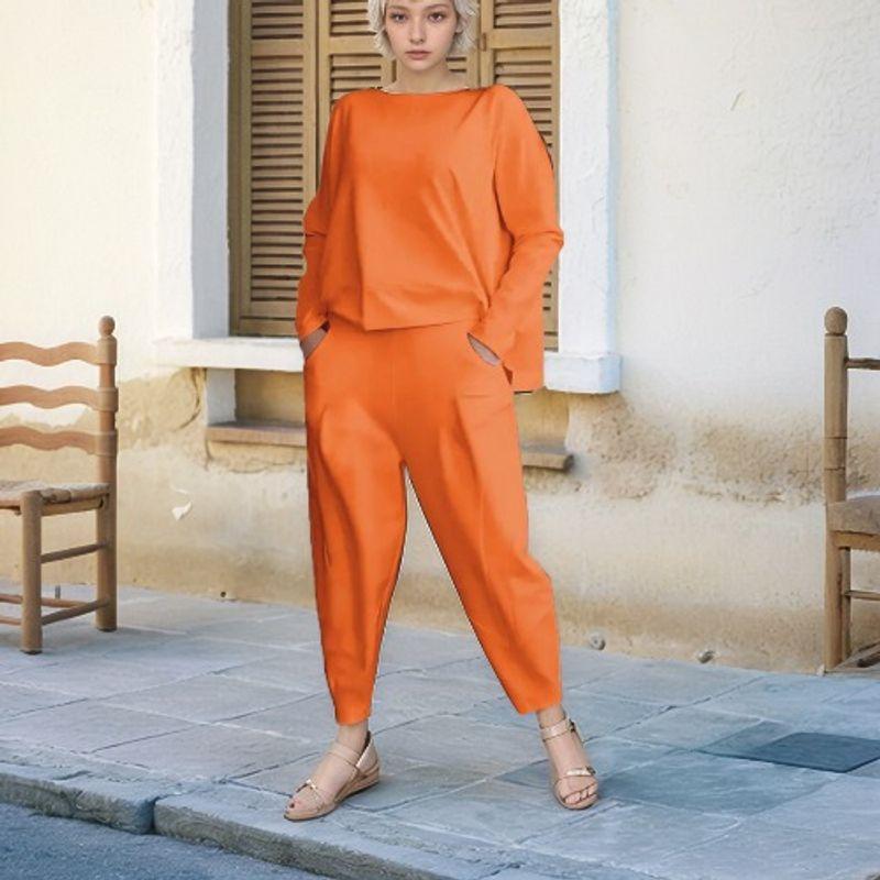 

Fall Fashion New round Neck Loose Front Short Back Length Pure Color Long Sleeves T-shirt Harem Trousers Casual Two-Piece Suit Orange color XL