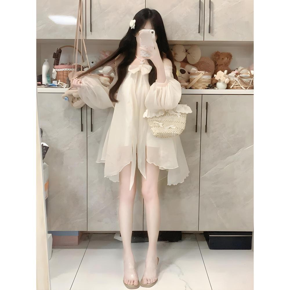 Sweet Bow Chiffon Wrinkled Backless Shoulder Bow Yarn Long Sleeve Top Women's Knee