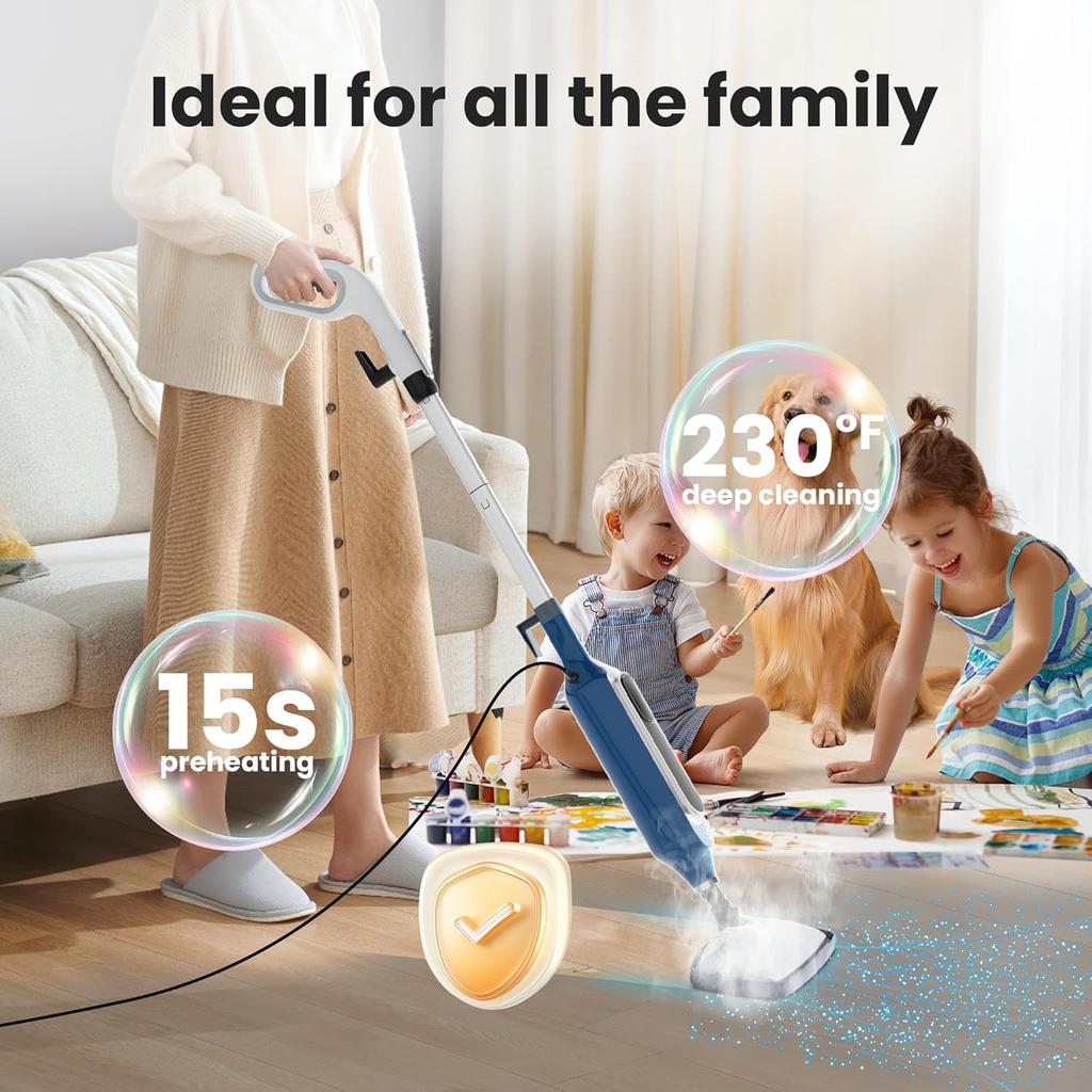 12-in-1 Detachable Steam Mop, 23FT Cord, for Hardwood, Tile, Carpet, Furniture, Clothes, Windows - Blue