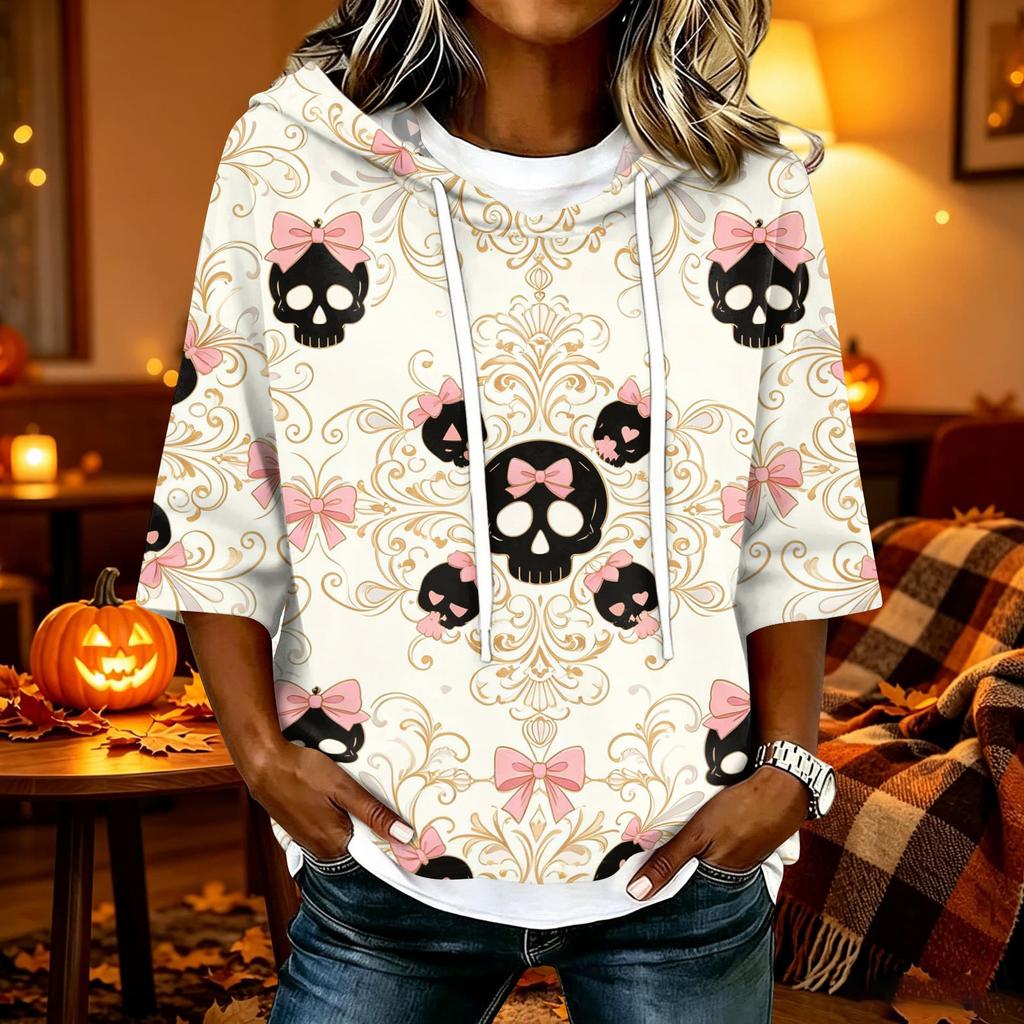 Women's Halloween Printed Hooded 3/4 Sleeve Casual Loose Fit Pullover