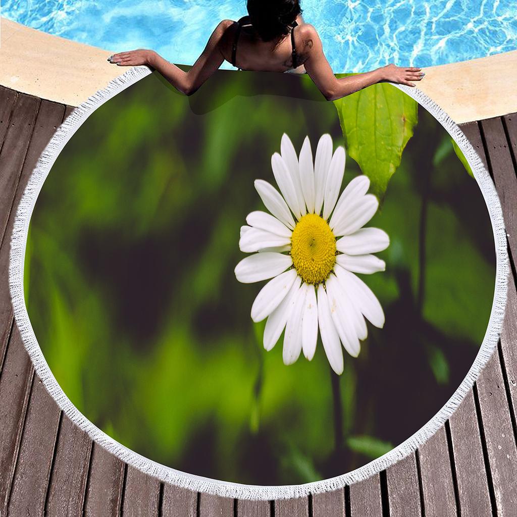 Floral Daisy Round Beach Towel,Microfiber Beach Blanket Sand Free Quick Dry Swim Pool Bath Circle Towel with Tassel for Teen Men