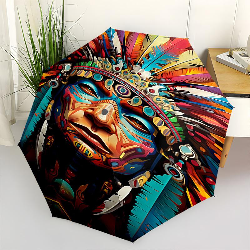 

Aztec, Feathered Headdress Themed Automatic Opening and Closing Umbrella, Brightly Colored 8-rib Portable Umbrella, Suitable for Men and Wom