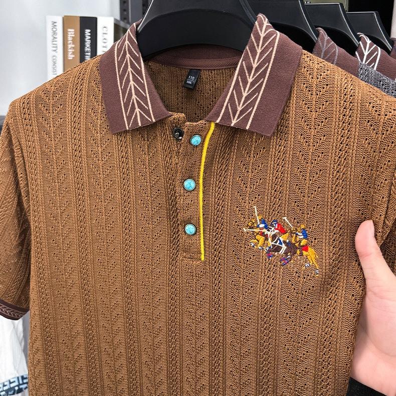 New Short-sleeved T-shirt Men's Autumn Knitted Sweater Embroidered Pattern Matching Jacquard Top