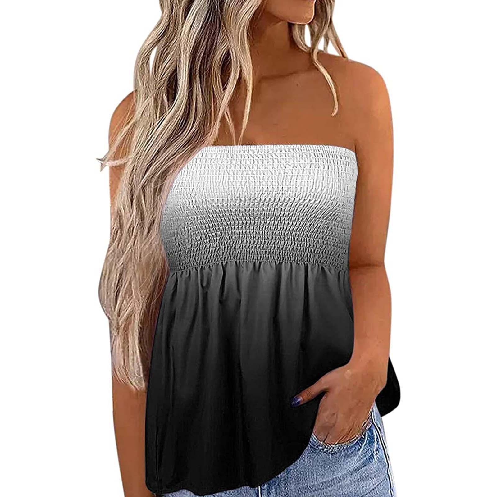 Women s Strapless Sleeveless Tube Top Slim Fit Casual Ombre Shirred Bustier Top High Stretch Summer Camisole S