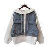 Premium hooded zipper denim splicing knitted double-sided woolen cardigan autumn new loose sweater jacket women
