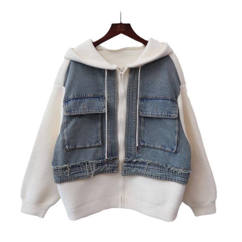 Premium hooded zipper denim splicing knitted double-sided woolen cardigan autumn new loose sweater jacket women