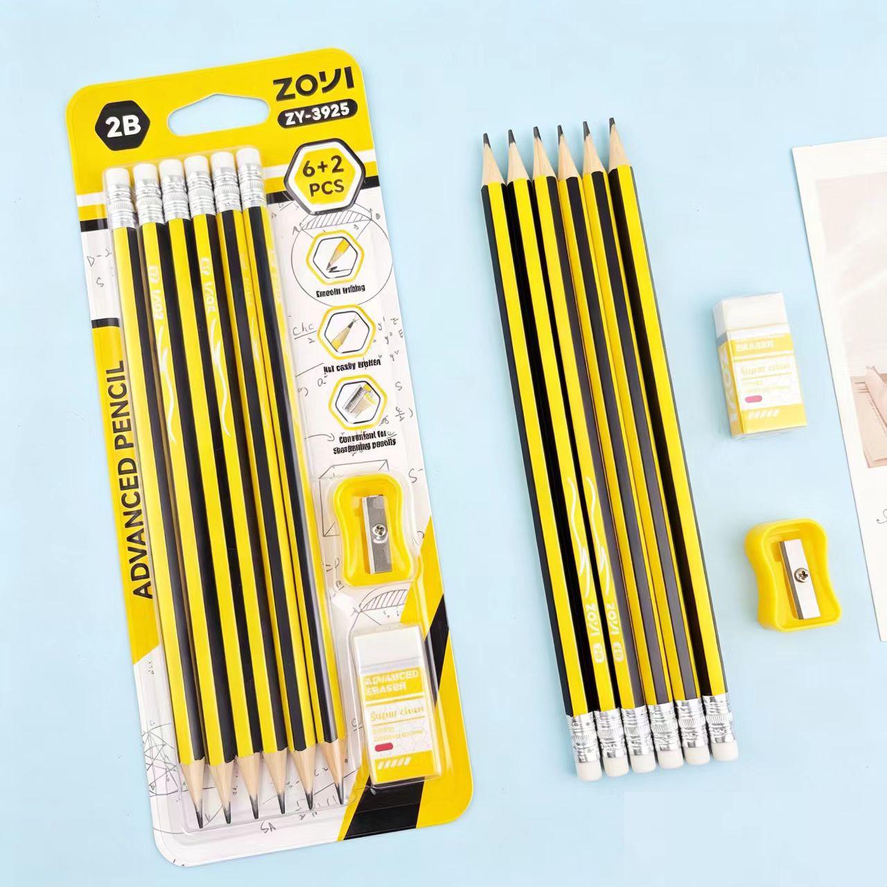Triangular Grip 2B Sketching Pencil Set for Students: Includes Pencil, Sharpener, and Eraser 6 pencils + 2 accessory set