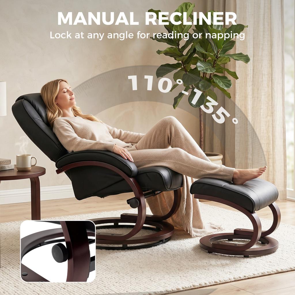 Swivel Recliner Chair With Footstool PU Leather Recliner Armchair With Adjustable Back And Wood Frame Black