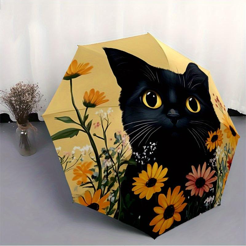 1pc Black Cat Floral Print Automatic Open/close Folding Umbrella, Compact Portable Travel Umbrella, Perfect Birthday/Christmas, Cute Umbrell