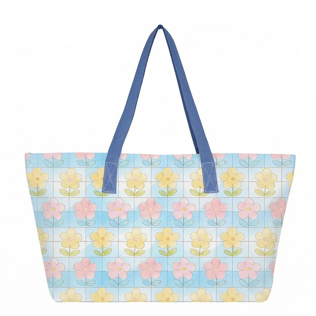 Floral Print Canvas Tote Bag Large Capacity Shopping Bag Eco Friendly Grocery Bag Portable Shoulder Bag Travel Beach Bag