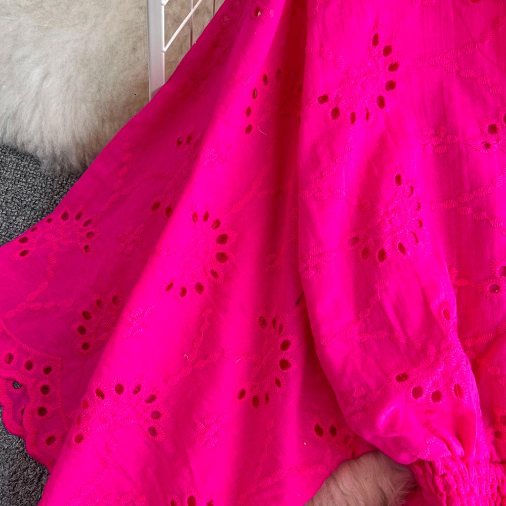 Vestido Vintage con bordado calado de cintura alta, vestido de hada acampanado de manga corta, Vestidos elegantes de playa para verano, vestido veraniego para vacaciones para mujer