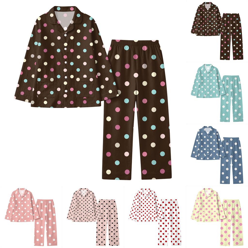 Damen Polka Dot Set Langarm-Oberteil und Lange Hose Lässiges Zweiteiler Loungewear für Zuhause Entspannen
