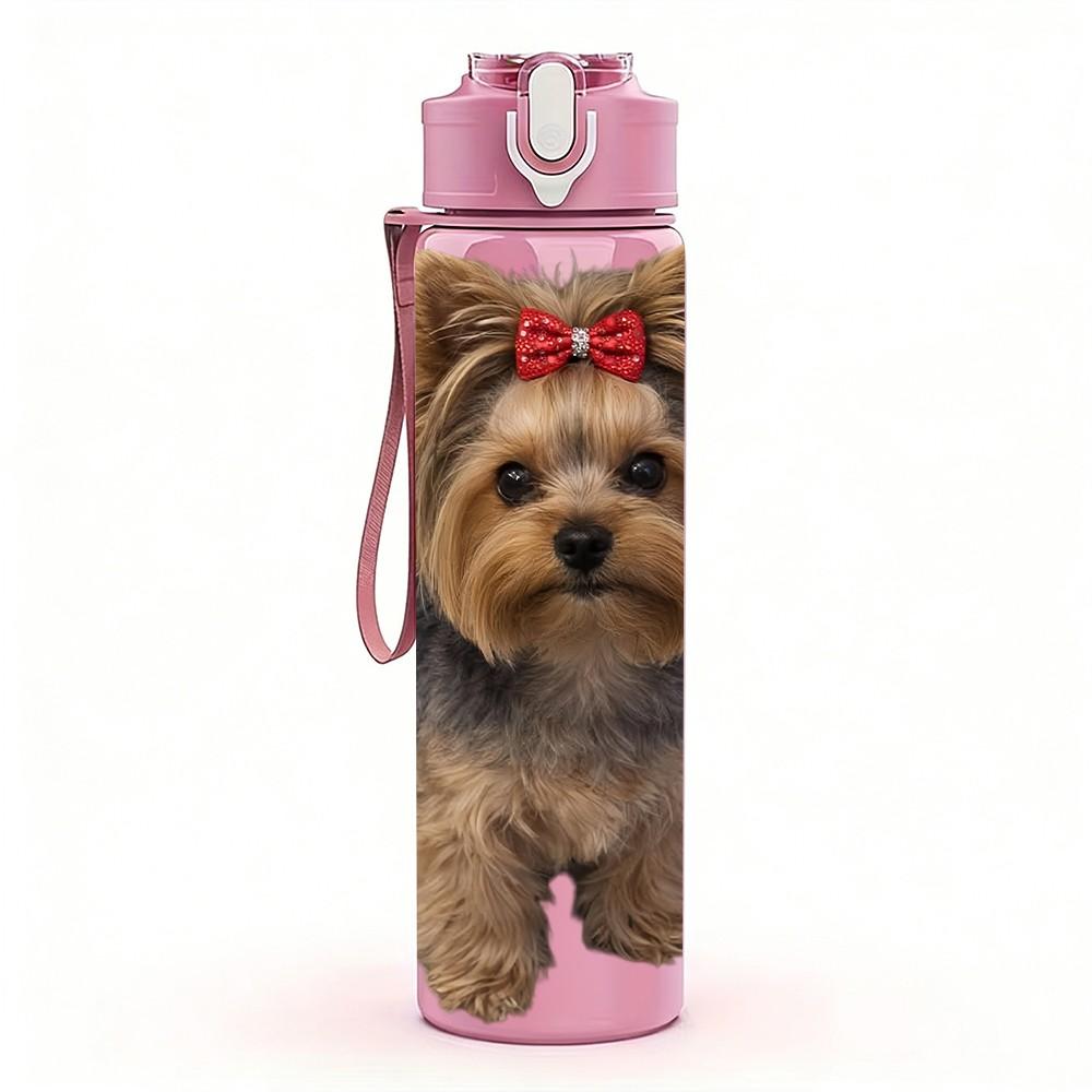 1PC Yorkie Puppy With Red Hair Bow 750ml Color Plastic Sports Water Bottle Leakproof Flip Straw Lid Suitable for Sports Office Home Use
