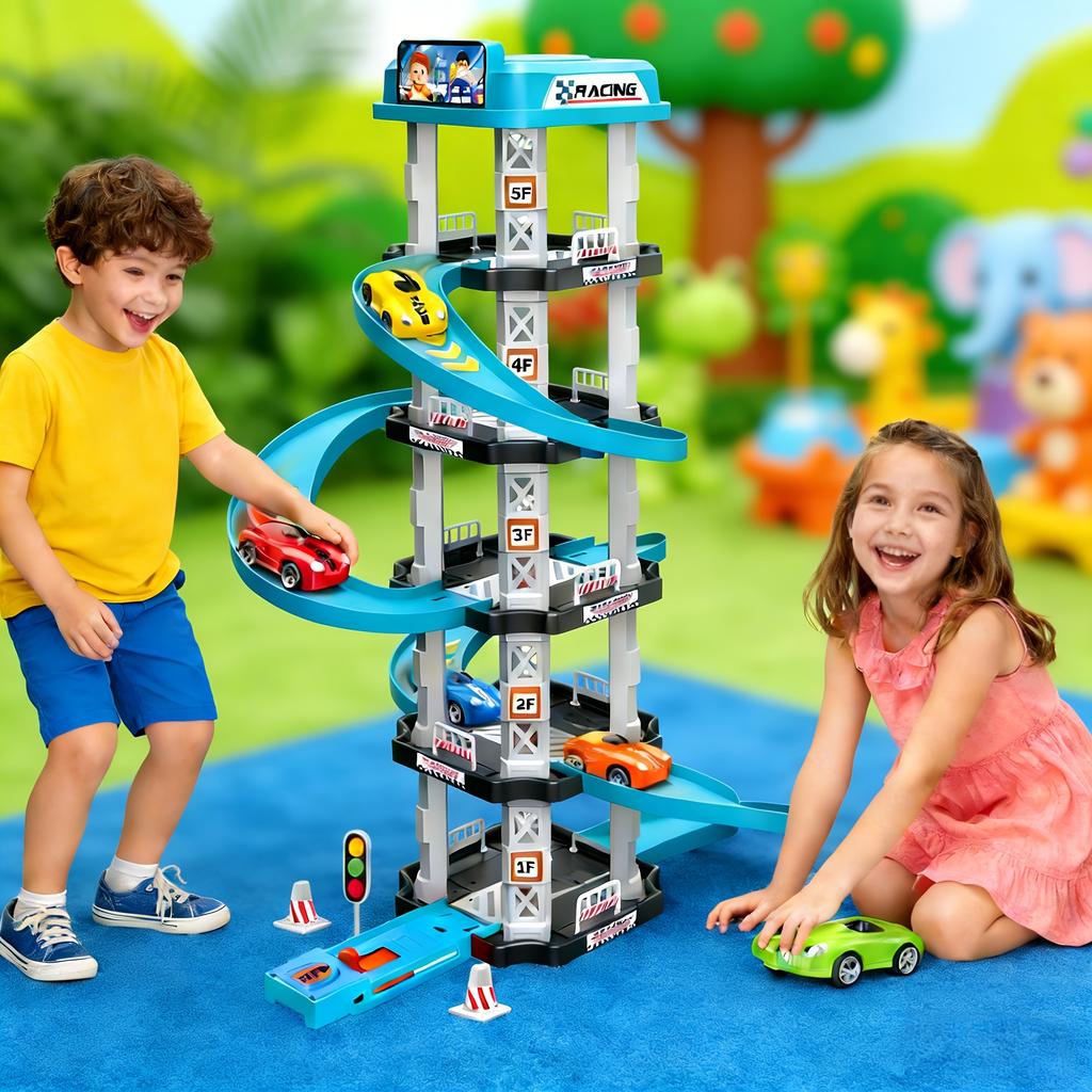 5-Level 3D Parking Garage Track Playset with 2 Cars, 360° Rotating, Drift Tracks, Helipad & Launcher | DIY Assembly Educational Toy