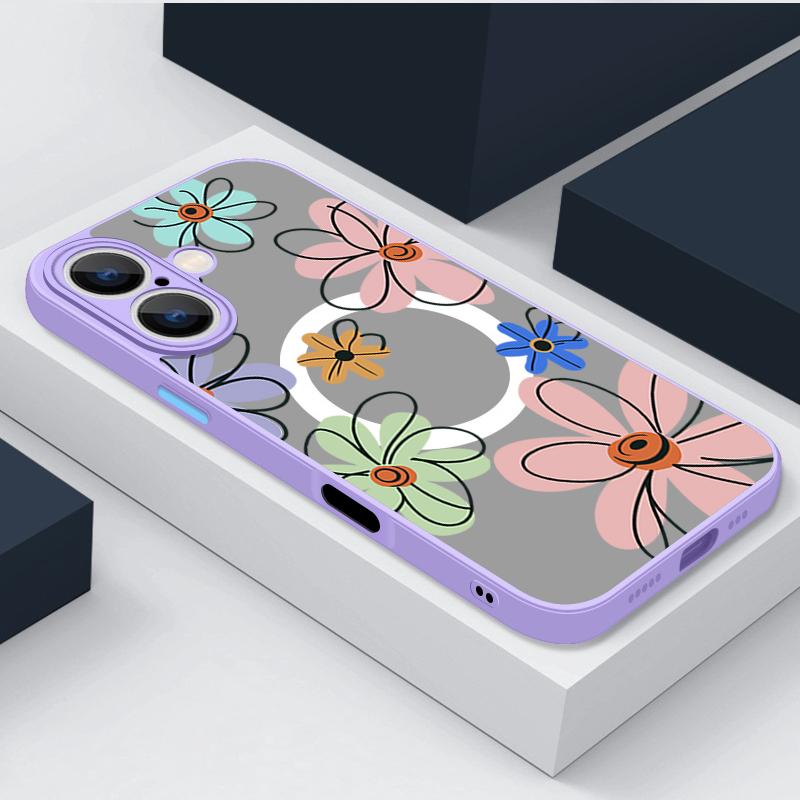 Magnetic Floral Phone Case For iPhone 16 15 14 Pro Max 13 12 Pro 11 For Magsafe Wireless Charge Flowers Soft Edge Acrylic Cover