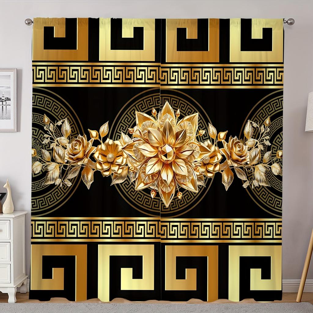 Classic Golden Floral Printed Design Rod Pocket Drape Panels 2 panel Set Semi-light filtering Weave for Living Room Bedroom Various Rooms Windows