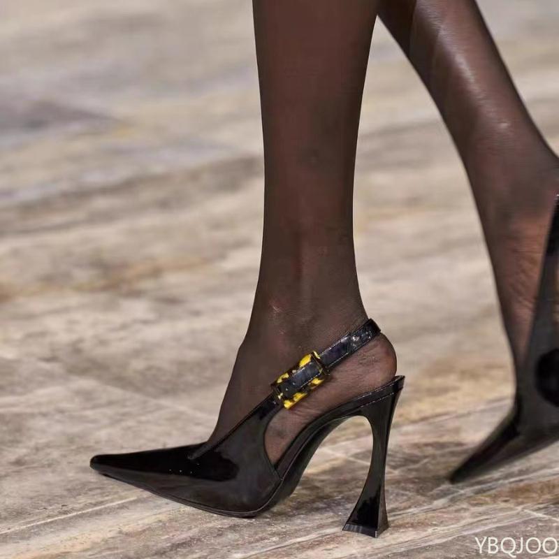 New Women's Baoto Sandals Pointed Back Empty Single Shoe Lacquer Leather Sexy High Heels Black Ladies Slim Heel Shoes Zapatos