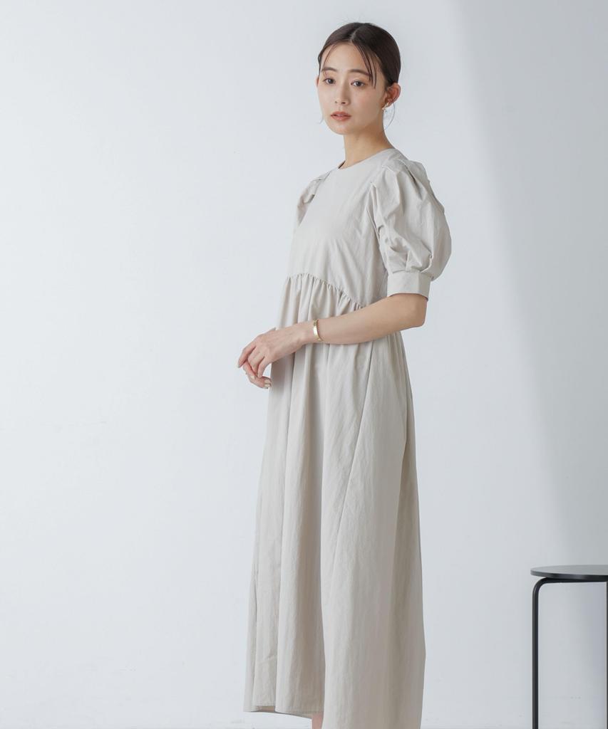 Nano Universe Hoshi Reina Tuck Sleeve Taslan Maxi Size Light Beige Dress, S,