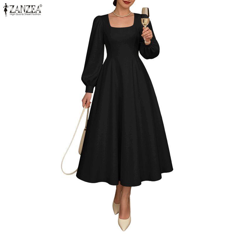 ZANZEA Women Elegant Square Collar Long Sleeve Casual Long Dress