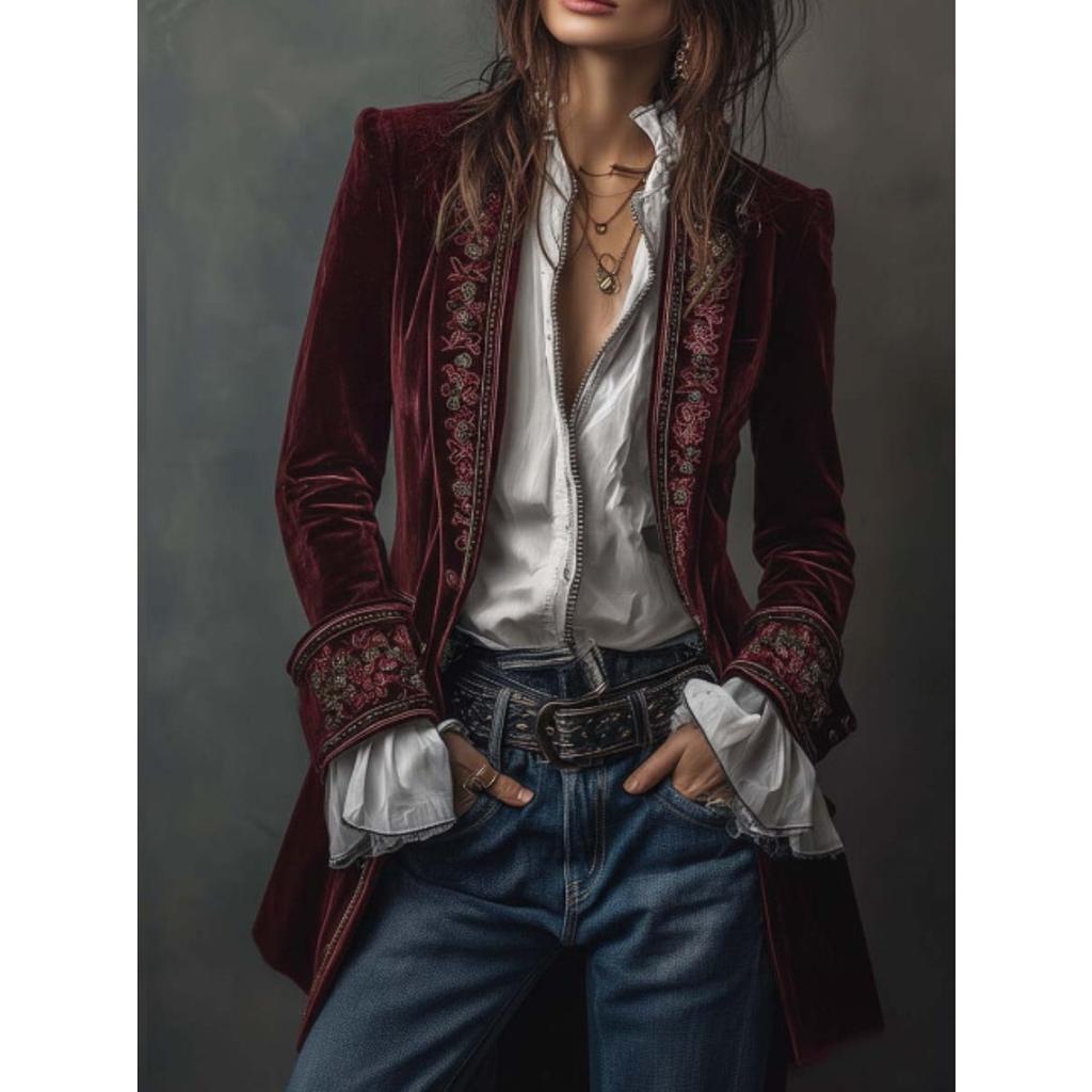 Women Embroidered Velvet Blazer Long Sleeve Open Front Cardigan Elegant Vintage Outerwear
