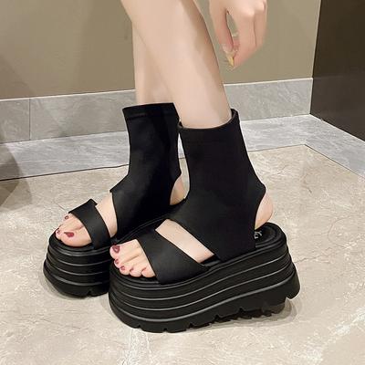 Dicksohlige, erhöhende und schlankmachende elastische Stiefel für Damen, Sommer 2025 neu, vielseitige Schlupfstiefel mit offenem Zeh, coole Stiefel