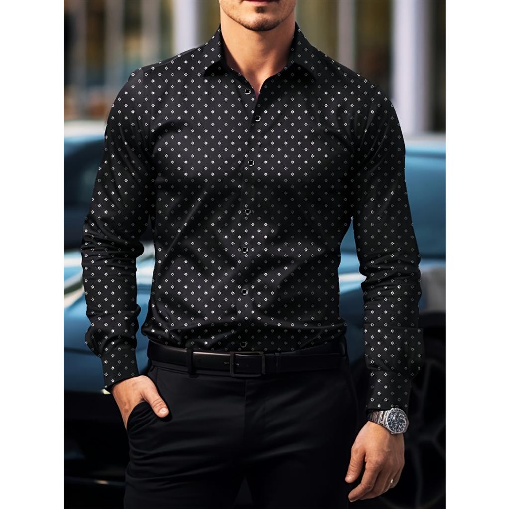 Men's Trendy Geometric 3D Line Print Long-Sleeved Shirt Men's Button up Shirt Casual Fashion Male White Shirt Lapel Shirt Tops