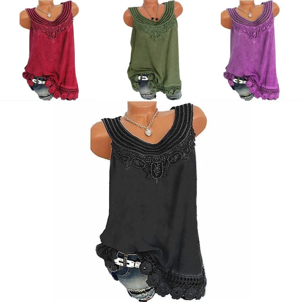 Women's Loose Sleeveless Vest T-shirt Blouse With Elegant Boho Lace Design In Plus Sizes