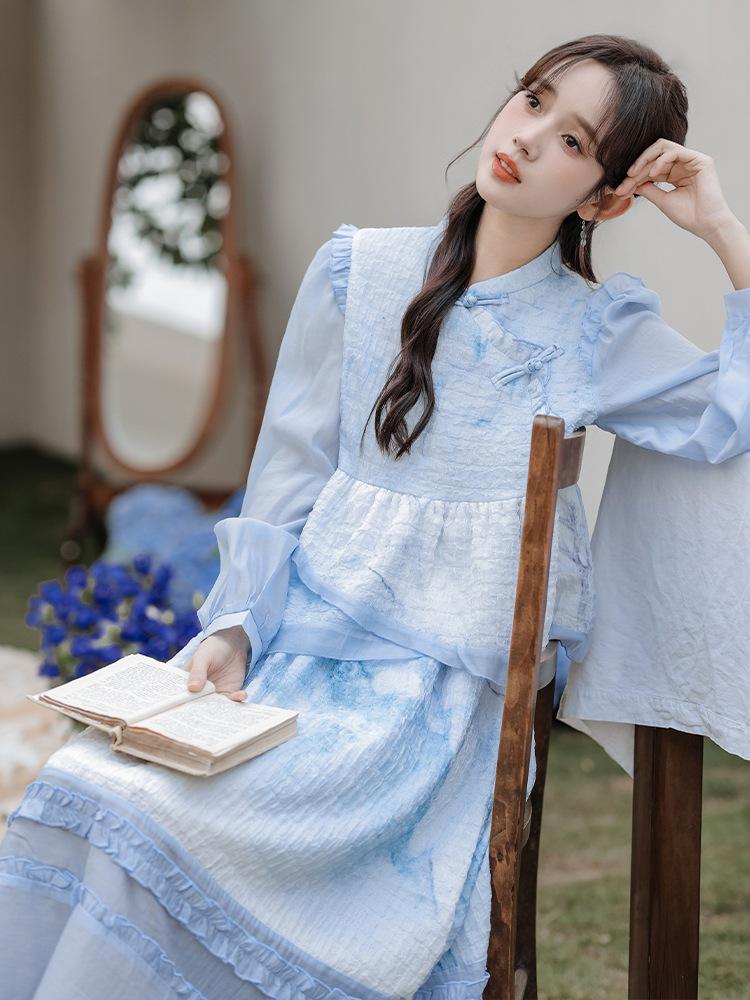 Spring & Autumn New Chinese Moon White/Blue Two-Piece Skirt Set for Women