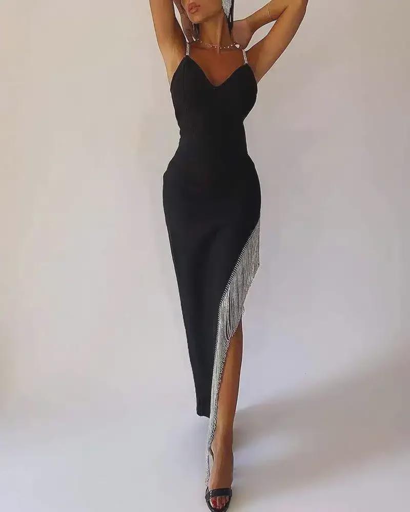 2024 Strass Quasten Bandagenkleid - Einfarbiges V-Ausschnitt Trägerkleid