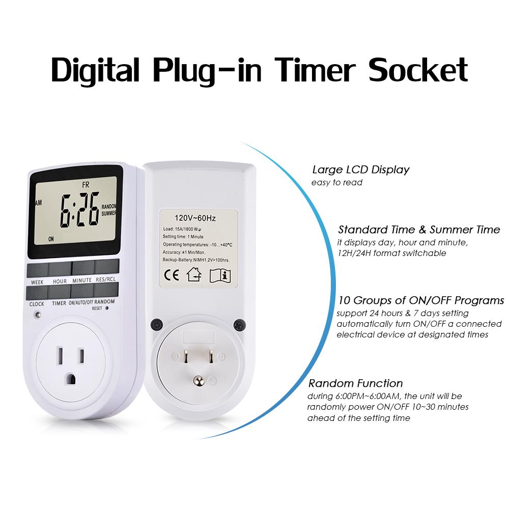 Pakke med 2 Digital Plug-in Timer Socket LCD-skjerm 10 programmerbare bytteprogrammer 24 timer og 7