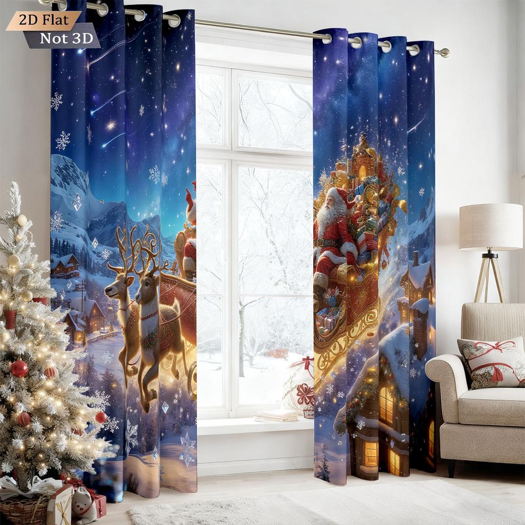 2 Santa Claus Sled Print Perforated Blackout Curtains Multiple Size Living Room Bedroom Insulation Decoration Machine Washable