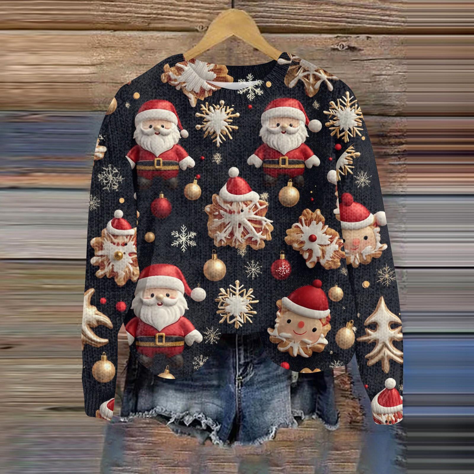 Рождественские толстовки для женщин Вязаный свитер Милая рубашка Осенний свитер с круглым вырезом Топы L чёрный