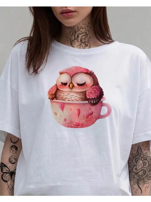 Sleeping Owl T-shirt (owl in a coffee mug) – summer print 4XL