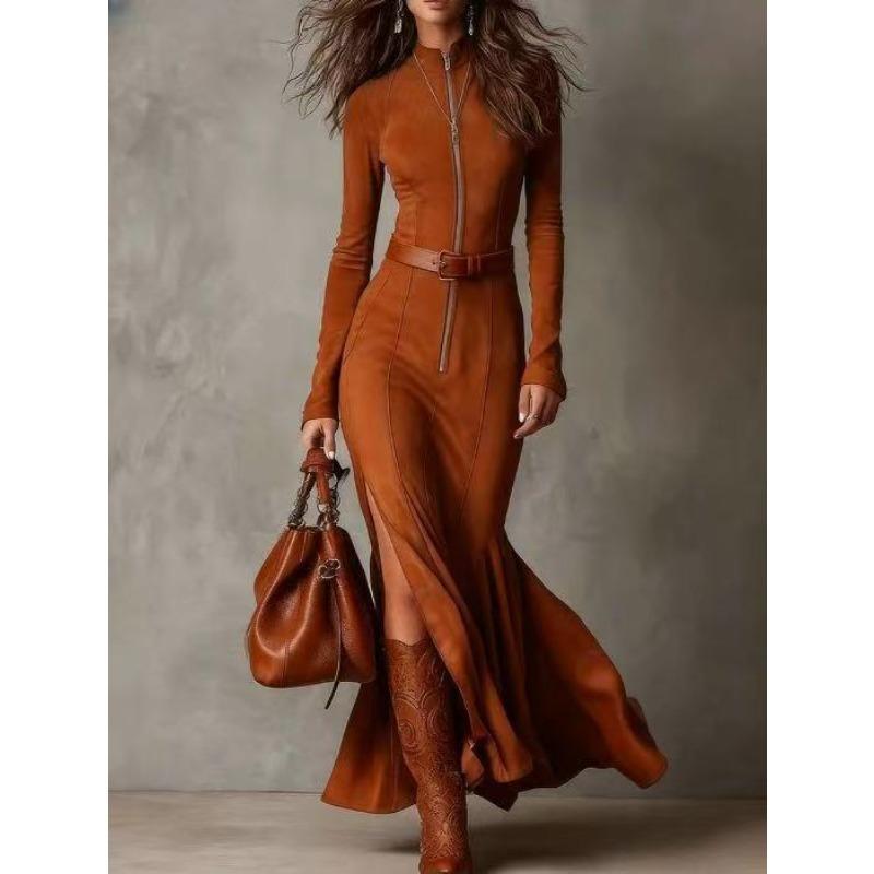 JKASHDK Moda Donna Primavera Autunno Tinta Unita Stampa Manica Lunga Mezzo Collo Alto Vita Alta Abiti Casual