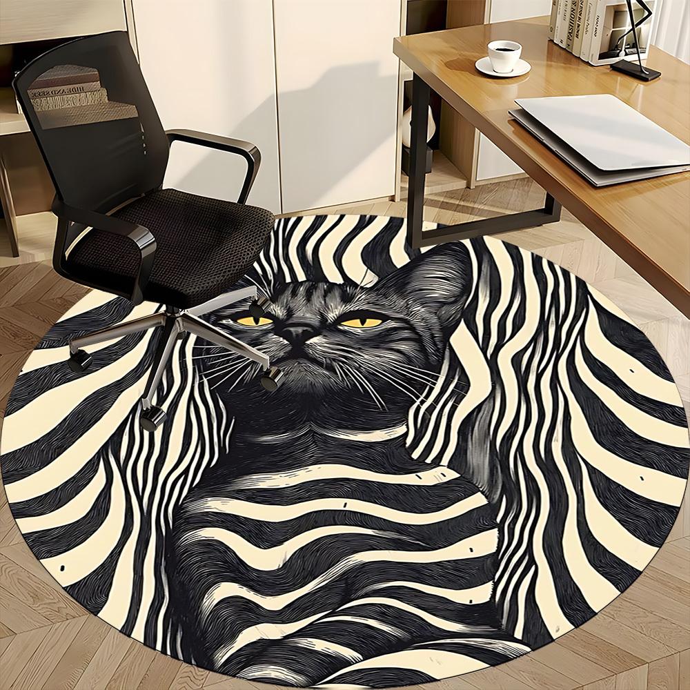 1pc Zebra Cat Office Round Area Rug, Indoor Mat Suitable ForOffice, Under Office Chairs Bedroom Living Room Home Decor, D108