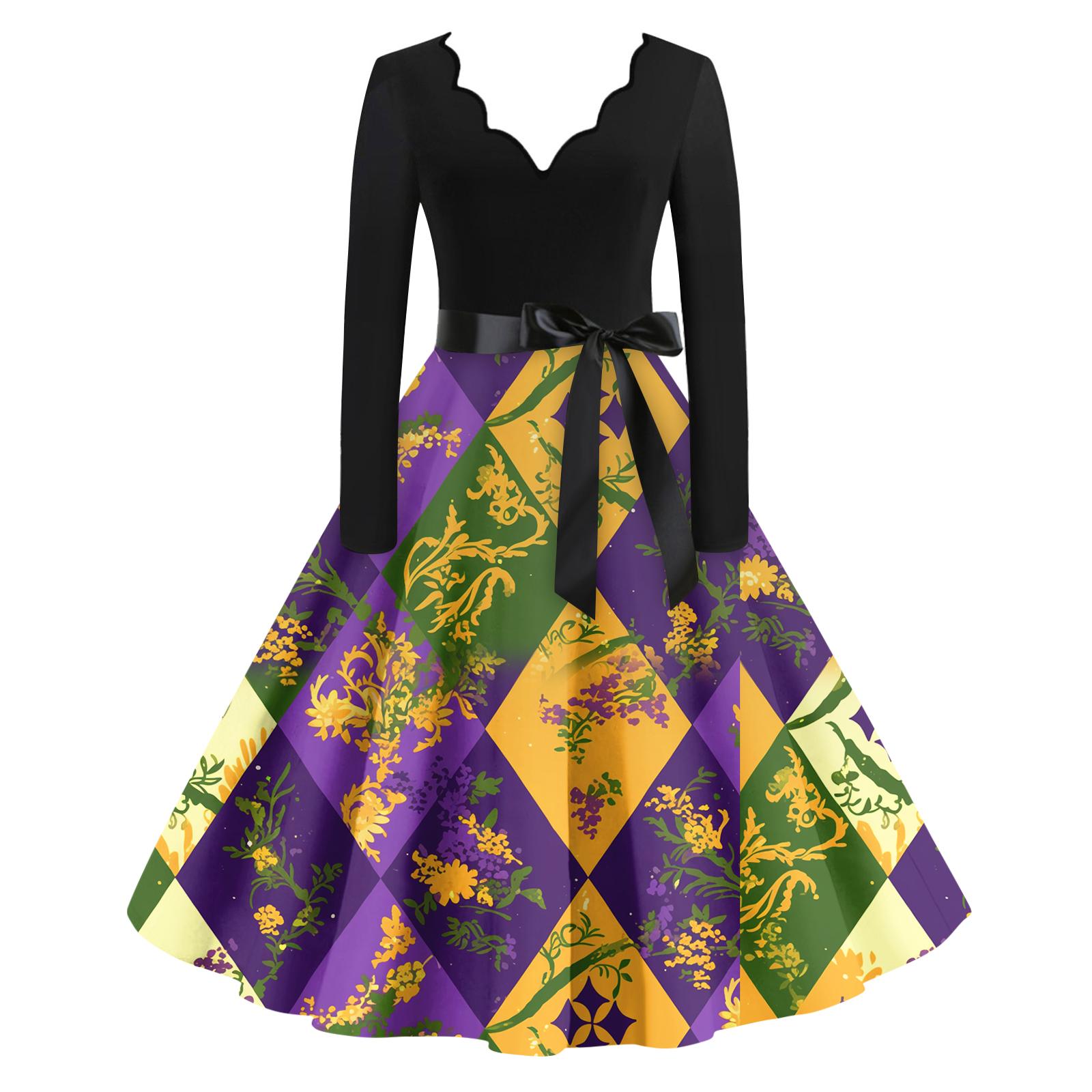 

Женское повседневное модное платье с V-образным вырезом и длинным рукавом с принтом в винтажном стиле XL