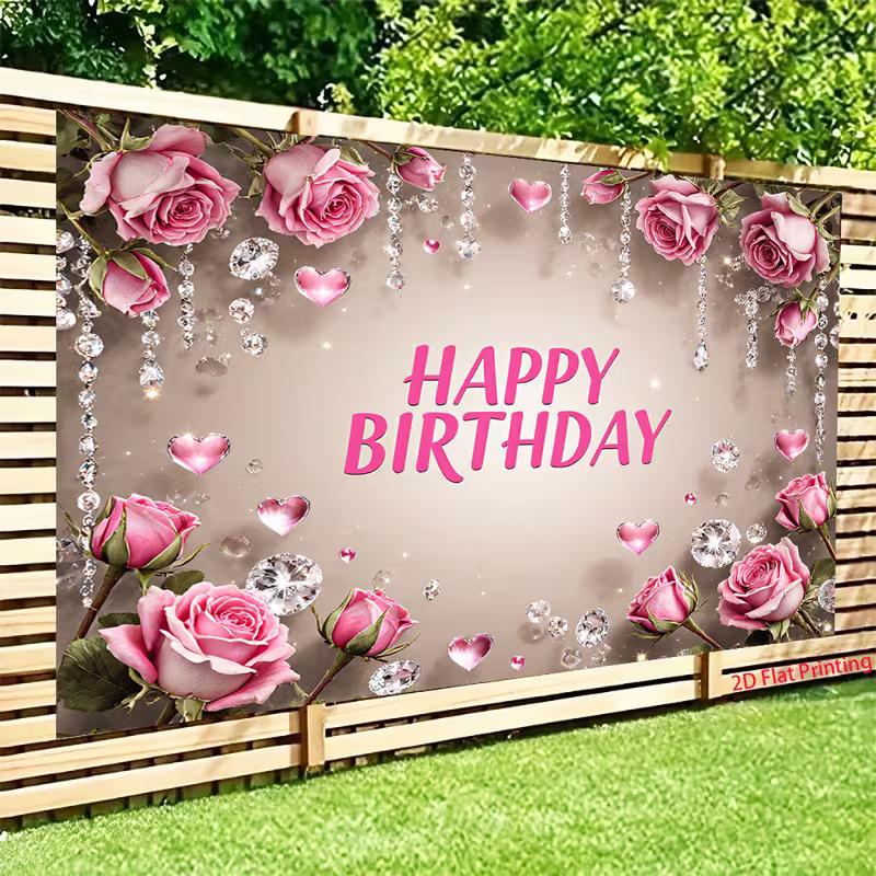 2D Rose Crystal Happy Birthday Backdrop Elegant Floral Birthday Background for Women