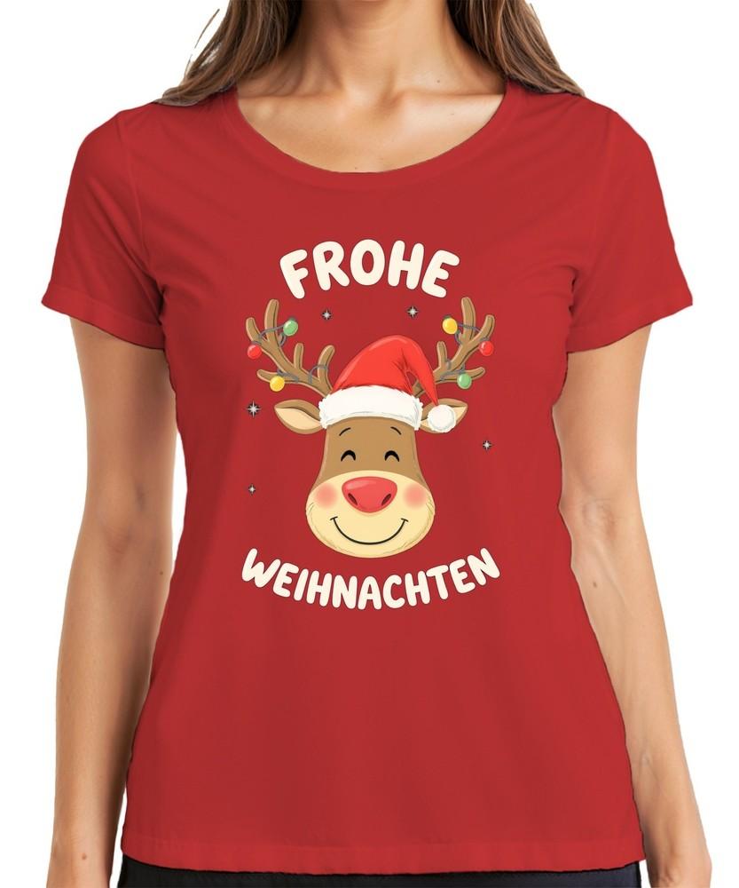 Merry Christmas Reindeer Santa Hat Cartoon Kids Funny Ladies TShirt