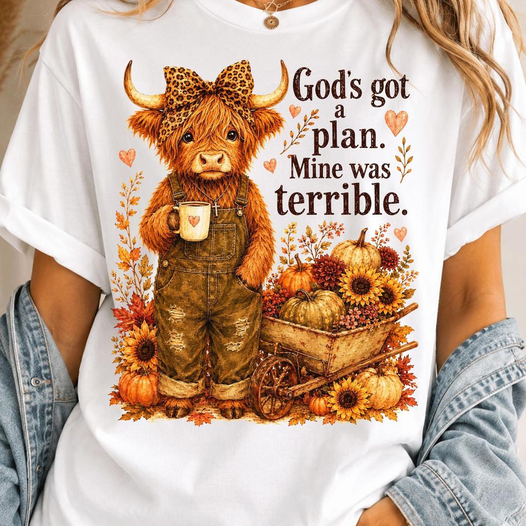 Gods Got A Plan PNG, Highland Cow Fall Design, Christian Faith Cow Sublimation, Cute Autumn Farmhouse Commercial Digital Download