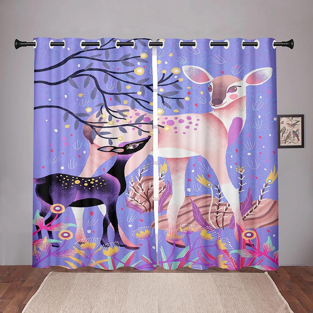 Animal Deer Forest Cartoon Dreamy Blackout Window Curtains for Bedroom Living Room Bathroom Kicthen Door Hall High Shading New