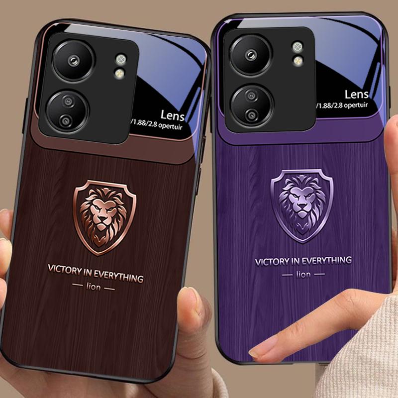 Wood Grain Lion Head For Xiaomi Redmi 13C Note13 12 Pro Plus 5G Note 9 13T Pro POCO X6 F5 F6 Black Tempered Glass Phone Case