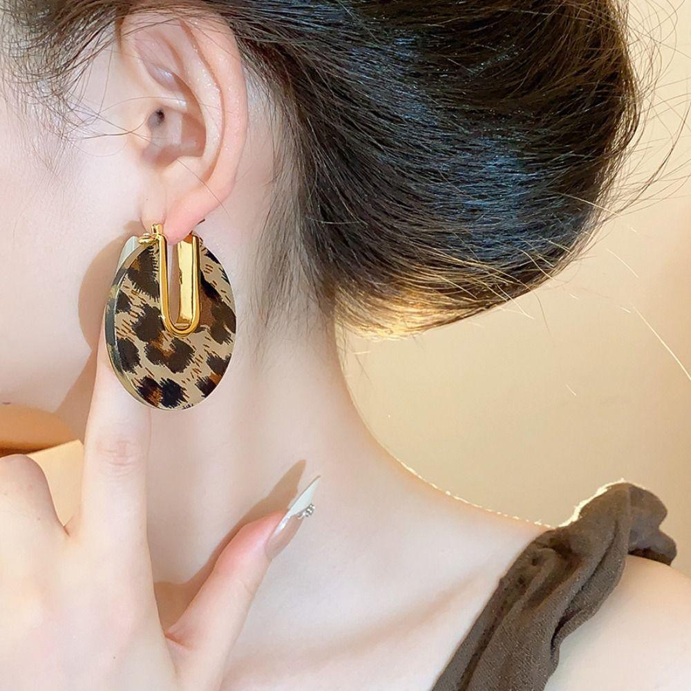 Vintage Leopard Print Earrings Trendy Geometric Earrings Simple Acetate Hoop Earrings Women