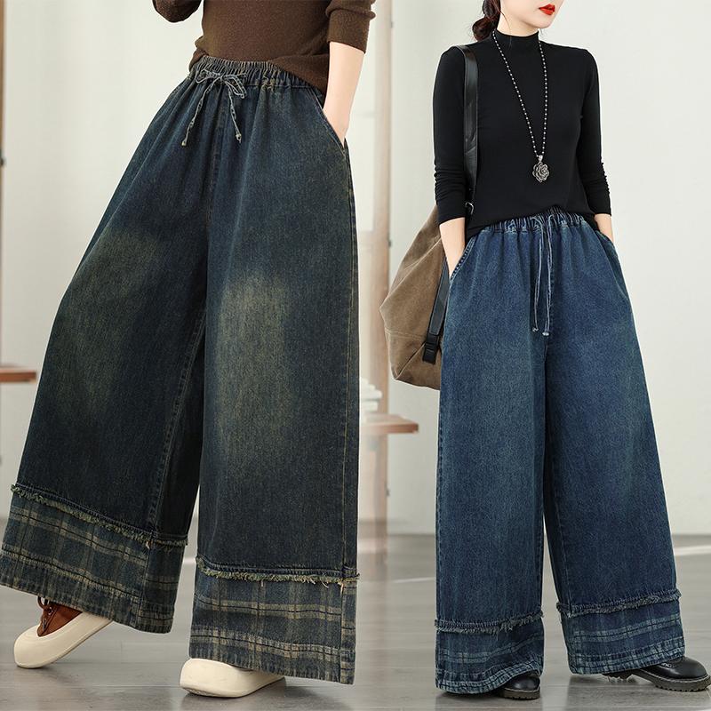 DIMANAF 2026 Summer New Plus Size Women Jeans Elastic Waist Long Pants Loose Casual Denim Cotton Trousers Plaid