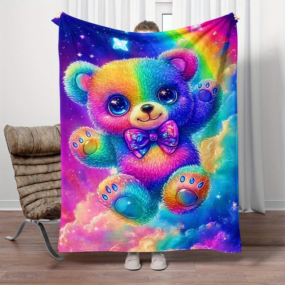 Regenbogenbär Glitzeraugen Kosmische Wolken Galaxie Fleece-Decke Weiche Flanell-Kuscheldecke Kinderzimmer Deko Lustige Bunte Geschenkidee